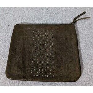 Cynthia Vincent Pouch Studded Leather Zipper Brown 8.5"x7"